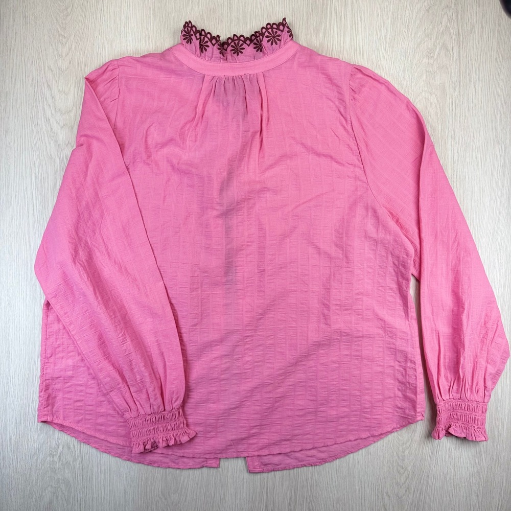 Talbots Pink Cotton Embroidered Eyelet Collar Blouse XL Long Sleeve Smocked Cuff - Picture 7 of 8